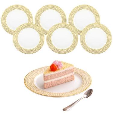 Imagem de Kit 6 Prato Raso De Porcelana Branco Com Borda Dourada 20cm - Haüskraf