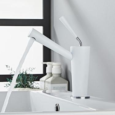 Imagem de Torneira para lavatório de banheiro Pia montada no convés Misturador de água quente e fria Torneira para vaso de lavagem Latão Guindaste de alça única, branco
