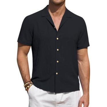 Imagem de DEMEANOR Camisa masculina de linho de manga curta para homens camisa casual de botão camisa de verão praia havaiana para homens, Preto, P