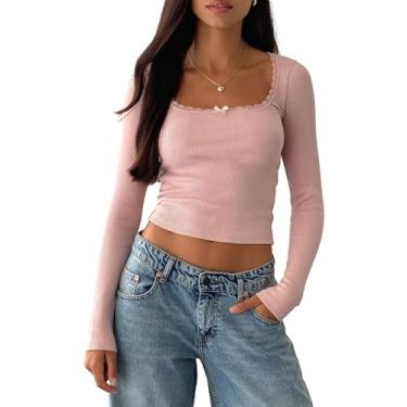 Imagem de Camiseta feminina Y2k com acabamento de renda fofa manga longa skinny cropped top grunge com nervuras top estético laço roupas urbanas, Laço fofo rosa, M