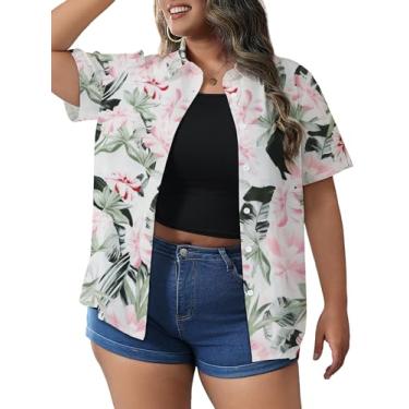 Imagem de HDLTE Camisetas femininas havaianas plus size estampa tropical floral gola V verão blusas de botão 1x-5x, rosa, 3X