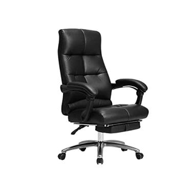 Imagem de Cadeira de escritório ergonomia cadeiras executivas gerenciais cadeira chefe cadeira de jogo de computador apoio de braço fixo com apoio de pé couro de vaca preto