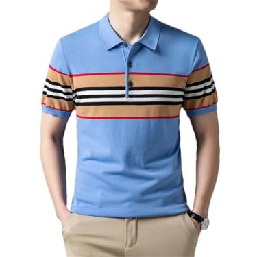 Imagem de BoShiNuo Camiseta masculina verão seda gelo lazer sem costura confortável lapela roupa masculina, Azul, G