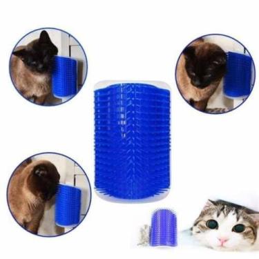 Imagem de Escova Tira Pelos Pet Parede Gatos Com Catnip Massagem Azul - ZEM