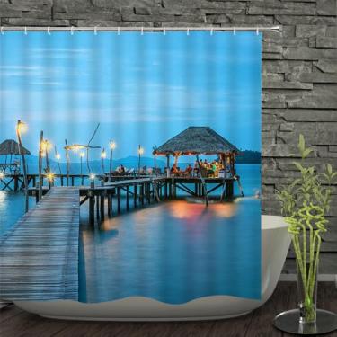 Imagem de Cortinas de chuveiro à prova d'água estampadas com conchas do mar e ondas do mar, cortina de banho, tela de banho de poliéster com 12 ganchos, JWW131, 150 * 180 cm