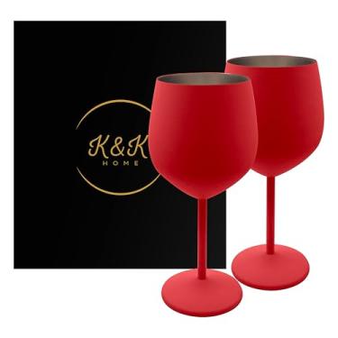 Imagem de K&K Home Taças de vinho inquebráveis de aço inoxidável vermelho - 510 g - Conjunto de 2 taças de vinho coloridas de metal com haste perfeitas para atividades ao ar livre, casamentos e festas (vermelho