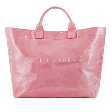 Imagem de ALUSBELL Bolsa grande de PVC para mulheres com impressão de letras, bolsa de ombro de papel kraft, bolsa de ombro transparente Hobo para carregar todas as bolsas, rosa