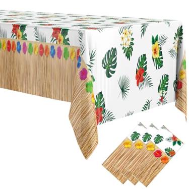 Imagem de Oudain 3 peças de toalhas de mesa havaianas luau tropicais folhas de palmeira toalha de mesa retangular de plástico descartável Havaí para decoração de verão praia piscina festa de aniversário