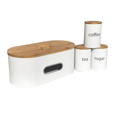 Imagem de SOTECH Caixa De Pão Grande Com 3 Potes Redondos Para Café, Açúcar, Chá, Recipientes Armazenamento Alimentos Cozinha, Recipiente Metal, Tampa Tábua Corte Bancada (Branco)