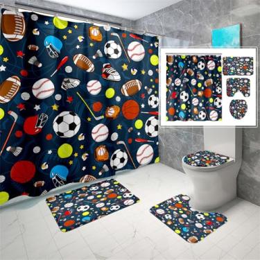 Imagem de kodhyvj Cortina de chuveiro esportiva para crianças - Conjunto de cortina de chuveiro de basquete, decoração de banheiro de futebol azul marinho com tapete, capa de vaso sanitário e tapete de banho