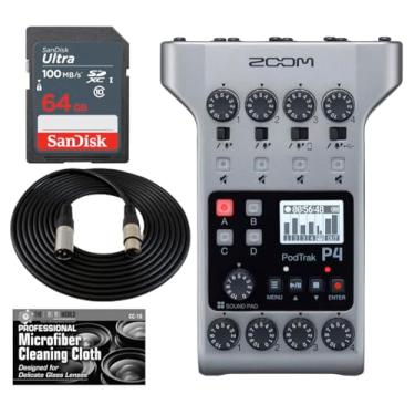 Imagem de Gravador de podcast Zoom PodTrak P4 com 4 entradas de microfone, 4 saídas de fone de ouvido, entrada de telefone e USB para entrevistas remotas + cartão de 64 GB + cabo SLR extra