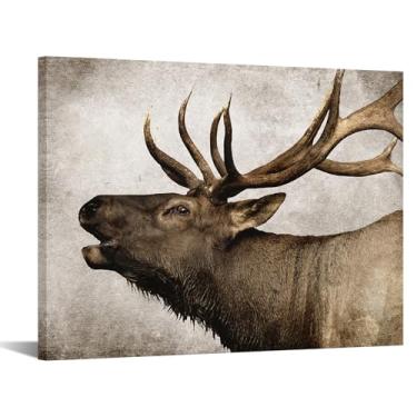 Imagem de iKNOW FOTO Arte de parede de alce 61 x 81 cm impressão em tela rústica vida selvagem cabeça de veado rugindo close-up com fundo texturizado vintage decoração de cabana de caça para sala de estar