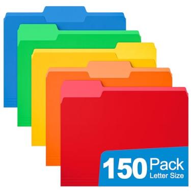 Imagem de HABGP Pastas de arquivo Manilla tamanho carta 5 cores sortidas, pacote com 150 pastas de papel 21 x 28 abas cortadas 1/3, pastas de arquivo coloridas, escritório, casa, escola, documentos, arquivos