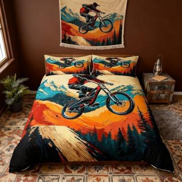 Imagem de Conjunto de capa de edredom de bicicleta de montanha, tamanho solteiro, para decoração de quarto de meninos e adolescentes, capa de edredom retrô 3D para crianças, conjunto de edredom para amantes de