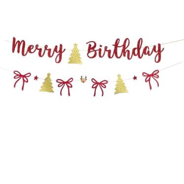 Imagem de KUNGOON Faixa de festa de aniversário de Natal, placa de feliz aniversário com glitter vermelho com árvores e laços dourados, decorações de festa de Natal, chá de bebê, férias, festas de fim de ano
