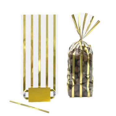 Imagem de EKAPACKAGING 25 sacos de celofane listrados dourados, 10 x 23 cm, sacos de celofane com laços