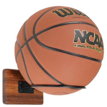 Imagem de Rovarahoom Suporte de parede para basquete, 1 pacote com suporte de bola de madeira de acácia para armazenamento de autógrafos de futebol e vôlei, suporte de basquete para meninos, acessórios