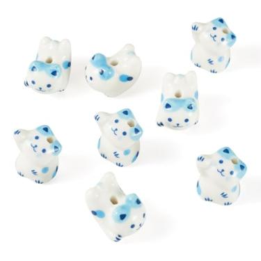 Imagem de Beadthoven 8 peças contas de porcelana gato da sorte 3D azul branco feito à mão contas de artesanato animal cerâmica gato impresso espaçadores de cerâmica com furo para colar faça você mesmo, pulseira