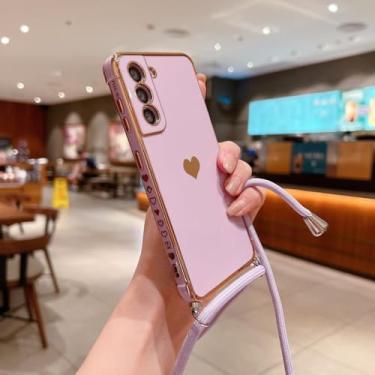Imagem de Capa de telefone com alça crossbody para Samsung Galaxy S22 S23 S24 Ultra S21 S20 FE A53 A52 A13 A54 5G chapeamento coração cordão capa, roxo, para S22