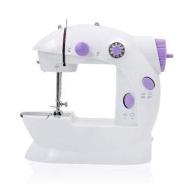 Imagem de Mini Máquina de Costura Portátil, Branco e Roxo, Bivolt, SM-202A, Compacta, Doméstica, Alimentação por Tomada ou Pilhas, com Luz, Pedal e Fonte de Energia