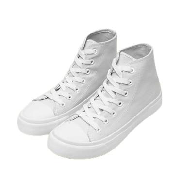 Imagem de Tênis infantil de lona de cano alto, sem cadarço, para meninas, meninos, moderno, cano alto, sapatos de lona, clássico, casual, tênis branco, Branco, 9 Toddler