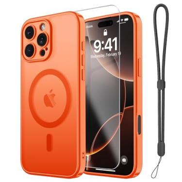 Imagem de Janmitta Capa magnética para iPhone 16 Pro, com protetor de tela, compatível com MagSafe, proteção de câmera, proteção contra quedas de grau militar, capa de telefone fosca translúcida fina, laranja