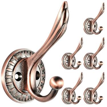 Imagem de Ruiziiz Gancho preto para toalha pacote com 4 ganchos para roupão de banho duplo de metal resistente, ganchos de toalha pretos para banheiros, cozinha, armário, garagem (336-2bronze, 6)