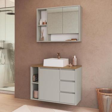 Imagem de Conjunto para Banheiro 80cm com Cuba Gabinete Suspenso e Espelheira Be
