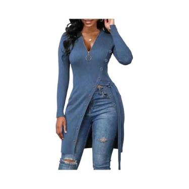 Imagem de Camiseta Feminina De Manga Longa Com Decote Em V E Zíper, Estilo Europ