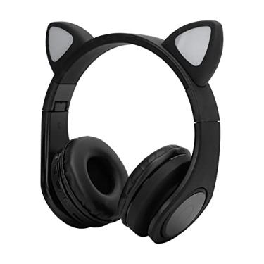 Imagem de ASHATA Fones de ouvido sem fio Cat Ear Headphones, fones de ouvido LED Light Over Earl, redução de ruído, formato de orelha de gato, fone de ouvido Bluetooth 5.0 com microfone, para viagens/trabalhos/jogos (preto)
