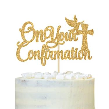 Imagem de On Your Confirmation Topper de bolo, God Bless, para crianças, aniversário, chá de bebê, casamento, chá de panela, batismo, decoração de festa de batismo, glitter dourado