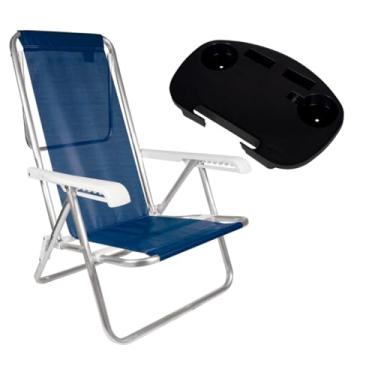 Imagem de Cadeira de Praia Reclinável, 8 Posições, Alumínio, com Mesa Portátil MOR (Azul Marinho)