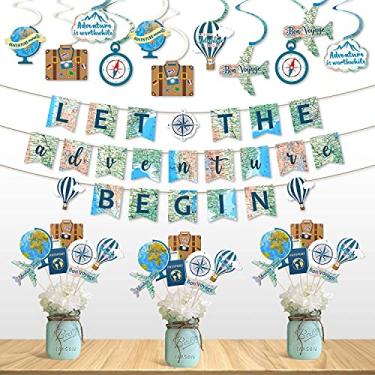 Imagem de Travel Themed Party Decorations Set Let the Adventure Begin Banner Centrepieces Sticks and Hanging Swirls for Bon Voyage Retirement Farewell Party World Awaits Birthday Baby Shower Decorations Supplies