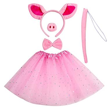 Imagem de Jmkcoz Conjunto de tutu de fantasia de porco rosa de porco, faixa de cabeça de porco, gravata borboleta, saia tutu, kit de fantasia de Halloween, acessórios de festa para crianças