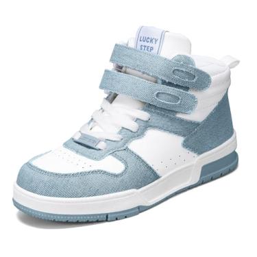 Imagem de LUCKY STEP Tênis feminino de cano alto, moderno, basquete, cano baixo, caminhada, tênis, plataforma, casual, de couro sintético, Jeans azul, 35