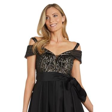 Imagem de R&M Richards Vestido de noite feminino de lantejoulas com ombro vazado, Preto nude, 50