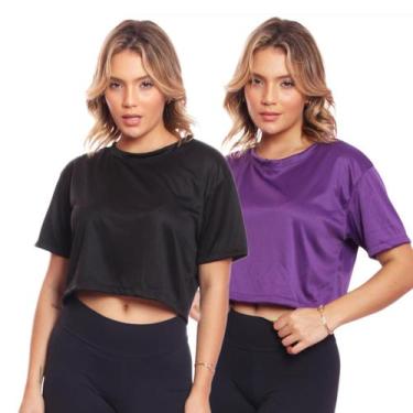 Imagem de Kit 2 Cropped Manga Curta Dry Fit Básico - Brás e Cia, Preto, Roxo, P