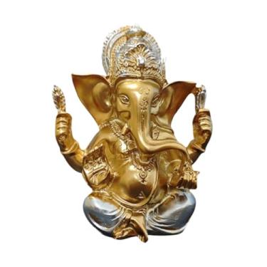 Imagem de XLWLLNJ Senhor ganesha estátua ganesha estatueta fengshui decoração de casa elefante buda escultura ornamento de resina para carro, sala de estudo, interior, Ouro