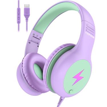 Imagem de Voopwink Fones de ouvido infantis com fio com microfone, fones de ouvido USB C para crianças, meninas, meninos com cabo/luzes LED/limite de volume de 85/94dB, fones de ouvido portáteis para escola