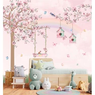 Imagem de Papel de Parede Jardim Encantado Arco-Íris e Balanço de Aquarela M² - 