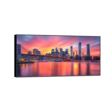 Imagem de MUHJDYC Arte de parede em tela de paisagem urbana - impressões panorâmicas em tela - Noite de Nova York - Imagem de moldura preta para decoração de sala de estar 60 x 120 cm - 23 x 47 pol