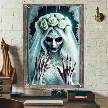 Imagem de BlissYard Capa de janela de Halloween Capa de janela de terror 81 x 129 cm Noiva fantasma flores brancas olhos vermelhos garras sangrentas casa assombrada parede interna decoração assustadora ao ar