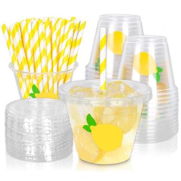 Imagem de Copos plásticos descartáveis Whaline Lemon 250mL com tampas e canudos
