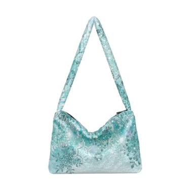Imagem de Bolsa de pelúcia nas axilas, prata, inverno, azul-petróleo, turquesa, flocos de neve, bolsa de ombro fofa, bolsa de mão feminina para outono e inverno