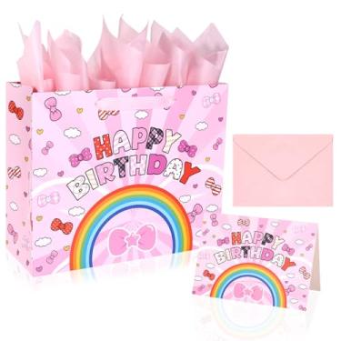 Imagem de Saco Presente Aniversário com Desenho Animado para Menina, Cor-de-Rosa Laço Estampado Inclui Cartão Felicitações Papel Seda e Envelope Ideal para Lembranças Chá Bebé e Festa Aniversário