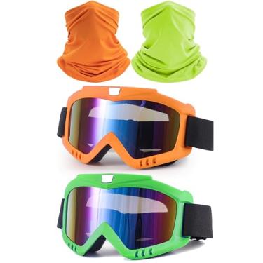 Imagem de immoono Pacote com 2 óculos Dirt Bike – Óculos de corrida para motocicleta, quadriciclo, equitação, esqui, à prova de vento, lentes coloridas com armação verde e laranja