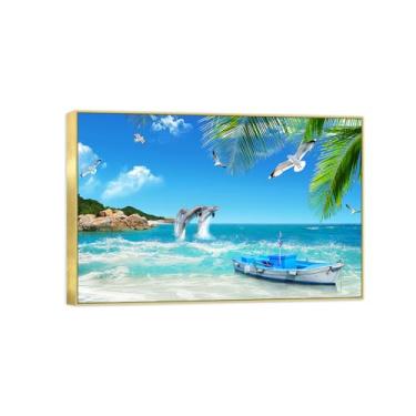 Imagem de BMZFYBS Impressão em tela de paisagem de arte de parede com moldura dourada - pássaros de barco marítimo - quadros de pintura de decoração para quarto 80 x 120 cm 31 x 47 pol