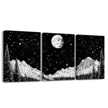 Imagem de Erosebridal Conjunto de 3 peças de arte de parede em tela preto e branco, paisagem de árvore de montanha, floresta, decoração de parede para sala de estar, quarto, escritório, lua e estrelas, céu