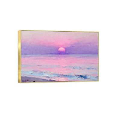 Imagem de BMZFYBS Quadro dourado arte de parede paisagem impressões em tela - rosa roxo praia pôr do sol pintura decoração - imagens para quarto 20 x 30 cm 8 x 12 pol