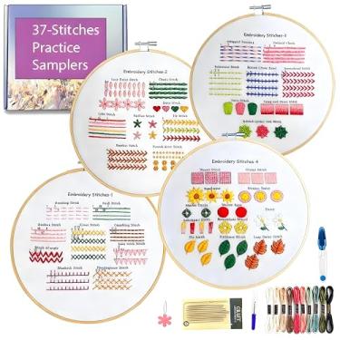 Imagem de Sutesloly Kit de bordado para iniciantes e adultos, 4 conjuntos de kit de iniciante simples para iniciantes, kit de prática fácil de 37 pontos, aro de 19,8 cm, presente de artesanato DIY para mulheres